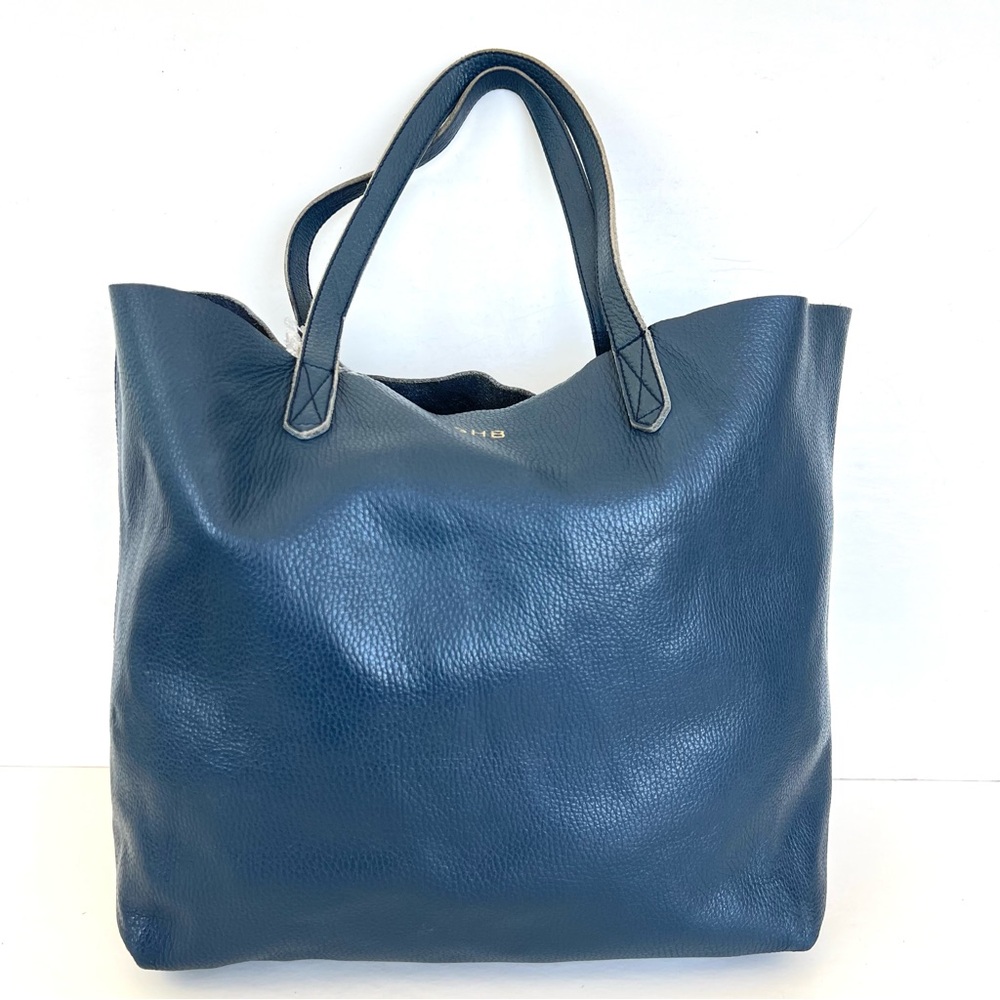 CUYANA Classic Easy Navy Pebbled Leather Large Shopping Bag Shoulder Bag Tote - Picture 2 of 16